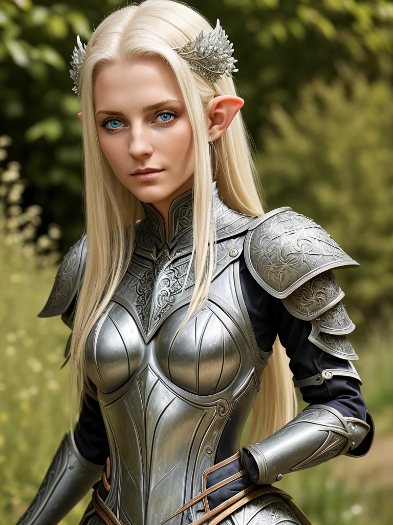 ​masterpiece, a beautiful elf knight (Adriana Malkova:1.0), bright eyes, blond hair, broad shoulders, strong body, Detailed pale skin with light freckles, Highly detailed, filigree elven armor, outside, (Skin texture:1.1), best quality, ultra high resolution, RAW-Foto, Nikon D850, Contre-Jour, rim light, bright sunlight, film grain:1.2, (warm hue, Warmer ton:1.2), (color photo), Fantasy landscape background