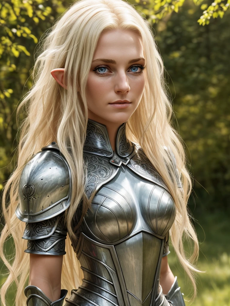 ​masterpiece, a beautiful elf knight (Adriana Malkova:1.0), bright eyes, blond hair, broad shoulders, strong body, Detailed pale skin with light freckles, Highly detailed, filigree elven armor, outside, (Skin texture:1.1), best quality, ultra high resolution, RAW-Foto, Nikon D850, Contre-Jour, rim light, bright sunlight, film grain:1.2, (warm hue, Warmer ton:1.2), (color photo), Fantasy landscape background