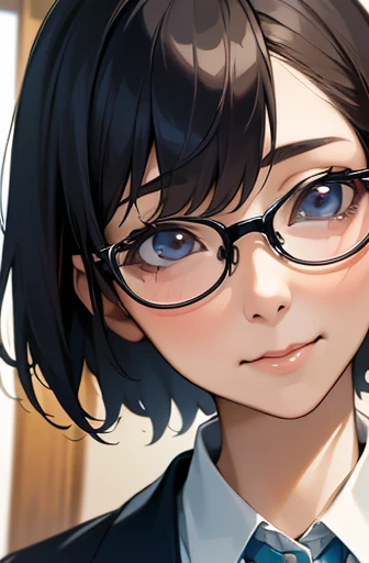 (best quality,8k,high resolution,masterpiece),  (ultra-detailed,realistic), 

((portrait)), 

(A Japanese woman, 30 years old and 155cm tall.), 

(she has short hair style), 
(she wears glasses), 
(she is wearing a light blue shirt), (Neat and elegant collared light blue shirt), 　 
(she is wearing a navy blue miniskirt), 

(Generate detailed images, especially of the eyes), (She looks at me with kind and caring eyes.),  

(She has a pure and peaceful atmosphere. Her gentle smile is very impressive.), 
