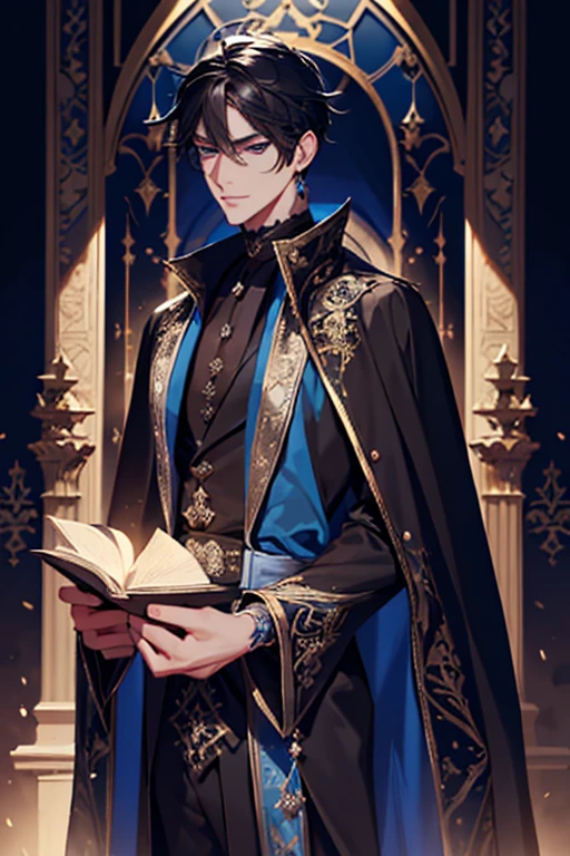 a close up of a person wearing a cape and a cape, wearing fantasy formal clothing, full body, beautiful androgynous prince, ((wearing aristocrat robe)), delicate androgynous prince, regal dark blue clothes, silver brocaded dark blue clothes, costume with blue accents, dark ornate royal robes, imperial royal elegant clothing, elegant cape, royal cape, fur coat, black hair, blue eyes, absurderes，A high resolution，ultra - detailed），1 person，Adult，handsome，tall and muscular boy，a broad shouldered，detailed 25 year old male face, Fine and detailed eyes and detailed face，Short black hair，Onyx-colored eyes，fanciful，shadow effect, flame，Divine brilliance，