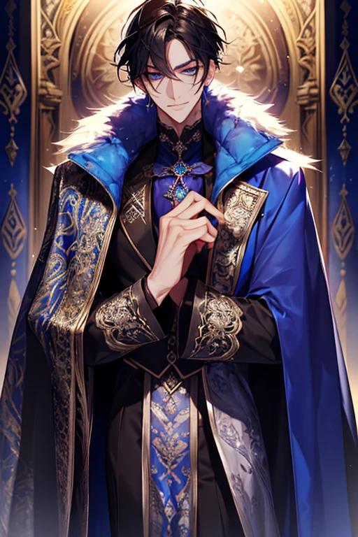 a close up of a person wearing a cape and a cape, wearing fantasy formal clothing, full body, beautiful androgynous prince, ((wearing aristocrat robe)), delicate androgynous prince, regal dark blue clothes, silver brocaded dark blue clothes, costume with blue accents, dark ornate royal robes, imperial royal elegant clothing, elegant cape, royal cape, fur coat, black hair, blue eyes, absurderes，A high resolution，ultra - detailed），1 person，Adult，handsome，tall and muscular boy，a broad shouldered，detailed 25 year old male face, Fine and detailed eyes and detailed face，Short black hair，Onyx-colored eyes，fanciful，shadow effect, flame，Divine brilliance，