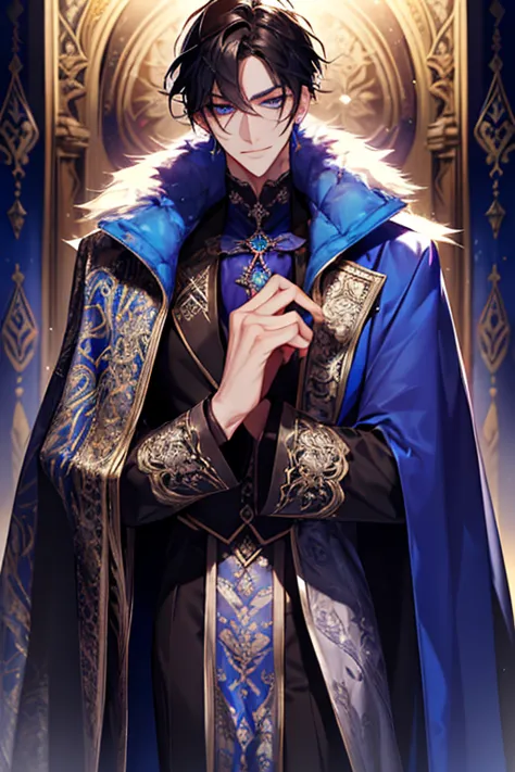 a close up of a person wearing a cape and a cape, wearing fantasy formal clothing, full body, beautiful androgynous prince, ((we...