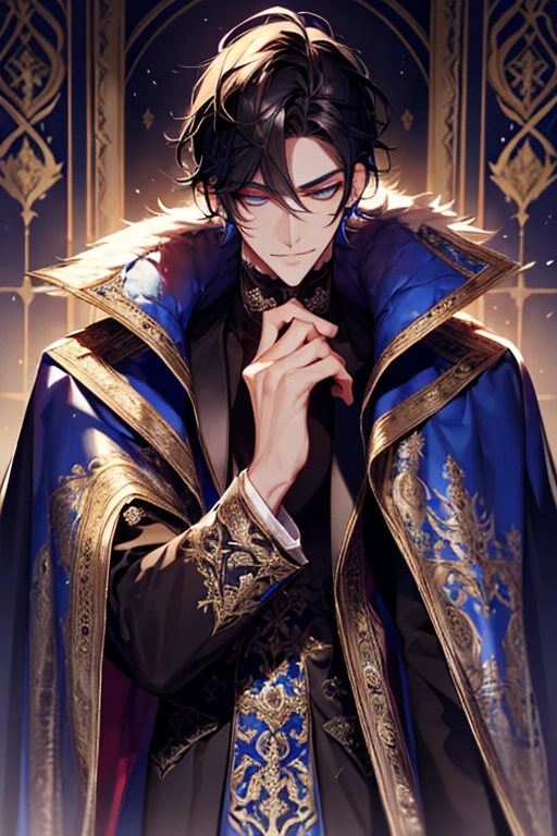 a close up of a person wearing a cape and a cape, wearing fantasy formal clothing, full body, beautiful androgynous prince, ((wearing aristocrat robe)), delicate androgynous prince, regal dark blue clothes, silver brocaded dark blue clothes, costume with blue accents, dark ornate royal robes, imperial royal elegant clothing, elegant cape, royal cape, fur coat, black hair, blue eyes, absurderes，A high resolution，ultra - detailed），1 person，Adult，handsome，tall and muscular boy，a broad shouldered，detailed 25 year old male face, Fine and detailed eyes and detailed face，Short black hair，Onyx-colored eyes，fanciful，shadow effect, flame，Divine brilliance，