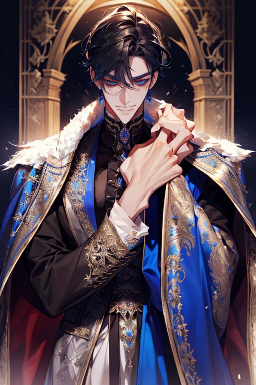 a close up of a person wearing a cape and a cape, wearing fantasy formal clothing, full body, beautiful androgynous prince, ((wearing aristocrat robe)), delicate androgynous prince, regal dark blue clothes, silver brocaded dark blue clothes, costume with blue accents, dark ornate royal robes, imperial royal elegant clothing, elegant cape, royal cape, fur coat, black hair, blue eyes, absurderes，A high resolution，ultra - detailed），1 person，Adult，handsome，tall and muscular boy，a broad shouldered，detailed 25 year old male face, Fine and detailed eyes and detailed face，Short black hair，Onyx-colored eyes，fanciful，shadow effect, flame，Divine brilliance，