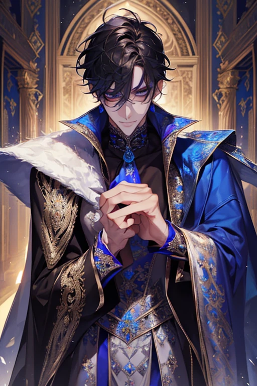 a close up of a person wearing a cape and a cape, wearing fantasy formal clothing, full body, beautiful androgynous prince, ((wearing aristocrat robe)), delicate androgynous prince, regal dark blue clothes, silver brocaded dark blue clothes, costume with blue accents, dark ornate royal robes, imperial royal elegant clothing, elegant cape, royal cape, fur coat, black hair, blue eyes, absurderes，A high resolution，ultra - detailed），1 person，Adult，handsome，tall and muscular boy，a broad shouldered，detailed 25 year old male face, Fine and detailed eyes and detailed face，Short black hair，Onyx-colored eyes，fanciful，shadow effect, flame，Divine brilliance，