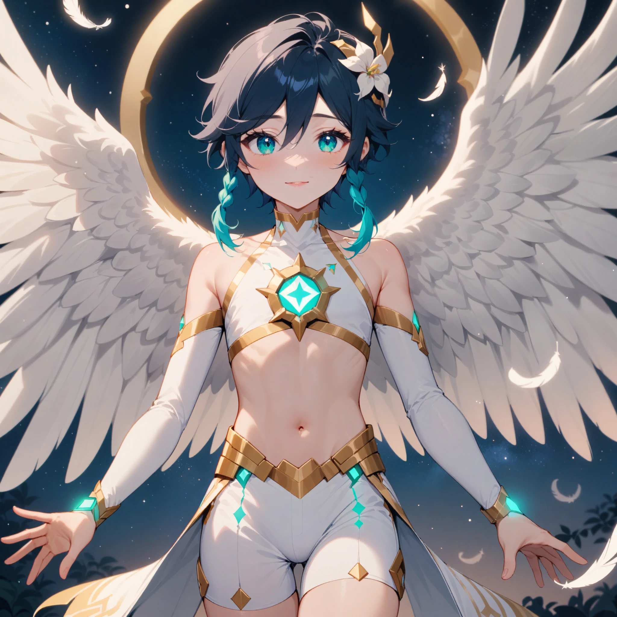 masterpiece,best quality,very aesthetic,absurdres,1boy,venti_/(archon/)_/(genshin_impact/),male_focus,detailed_eyes,(gnns:0.25),white feathered_wings,white halter_top,white shorts,hair_flower,midriff,black blue hair gradient,dsmile,((flat chest)),starry_sky,moon,starry_sky_print,((green eyes)),feathers,divine,detailed_eyes,long_eyelashes,pink_lips,glossy lips,narrow_waist,wide_hips,seductive,flirtatious