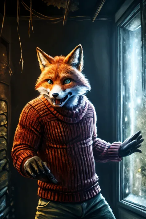 30 year old man, SOLO, ((antropomorfic fox)), ((fox with realistic fur)), red sweater with black sheves, scared, crying, open mouth, full body, Inside an abandoned old tetric house, ((dark background)), ((dark night))