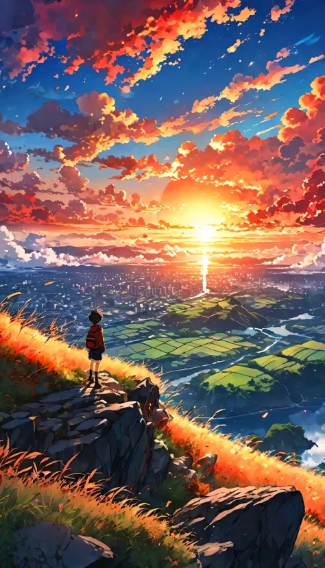anime landscape of a boy on a hill of rocks with grasses, sunset with orange and red infernal clouds, anime nature wallpapers, b...