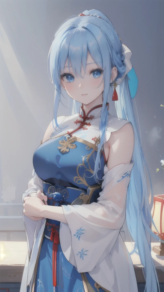 (blue-haired girl,vibrant blue eyes,traditional Chinese gown and armor in shades of blue,a blue dagger,swallows),(best quality,4k,8k,highres,masterpiece:1.2),ultra-detailed,(realistic,photorealistic,photo-realistic:1.37),portraits,vivid colors,sharp focus,swirling mist,soft lighting,mysterious ambiance