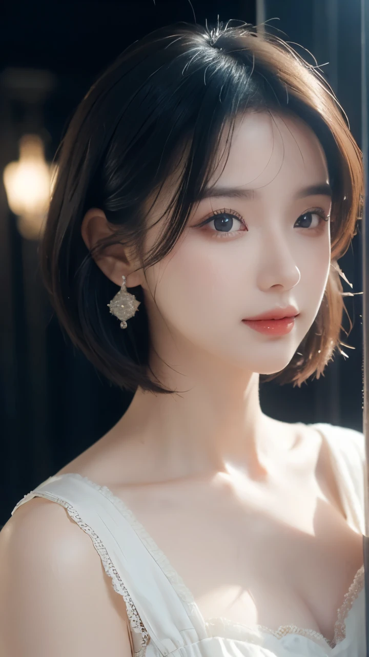 A woman with a white dress and earrings posing for a picture - SeaArt AI