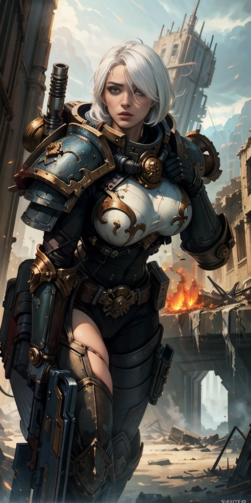 (masterpiece:1.2), (best quality:1.2), perfect eyes, perfect face, perfect lighting, 1girl, mature whsororitas with a laser rifle in her hands, scar over one eye, eyepatch, red tabard, white hair, warhammer 40k, chaos, fire, scifi, detailed ruined city background, power armor