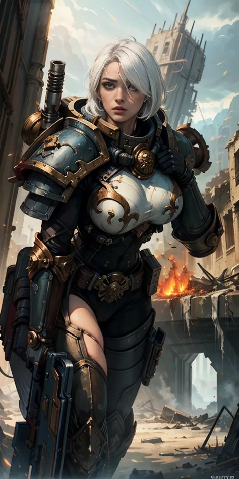 (masterpiece:1.2), (best quality:1.2), perfect eyes, perfect face, perfect lighting, 1girl, mature whsororitas with a laser rifl...