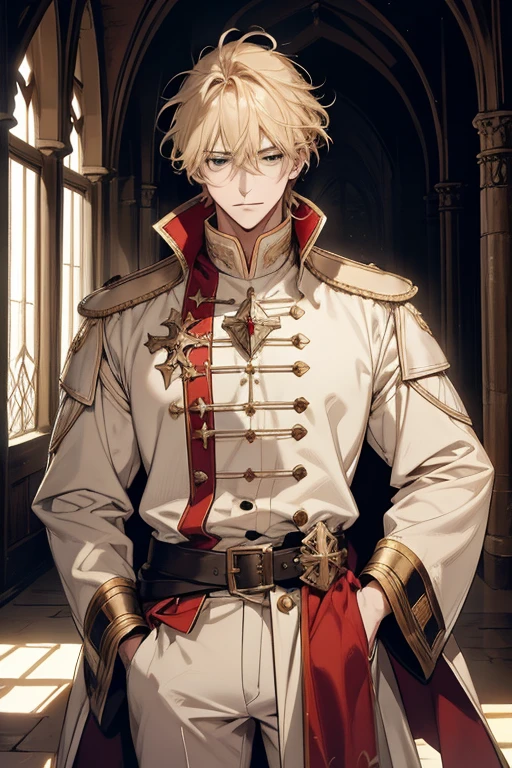 1 Male, AS-Adult, Messy blonde hair and bangs, prinz, white  clothes, Handsome, dispassionate, The beautiful, Condescending, slimification, in a castle, Medieval fantasy