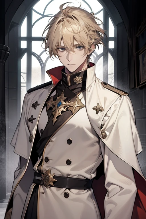 1 Male, AS-Adult, Messy blonde hair and bangs, prinz, white  clothes, Handsome, dispassionate, The beautiful, Condescending, slimification, in a castle, Medieval fantasy