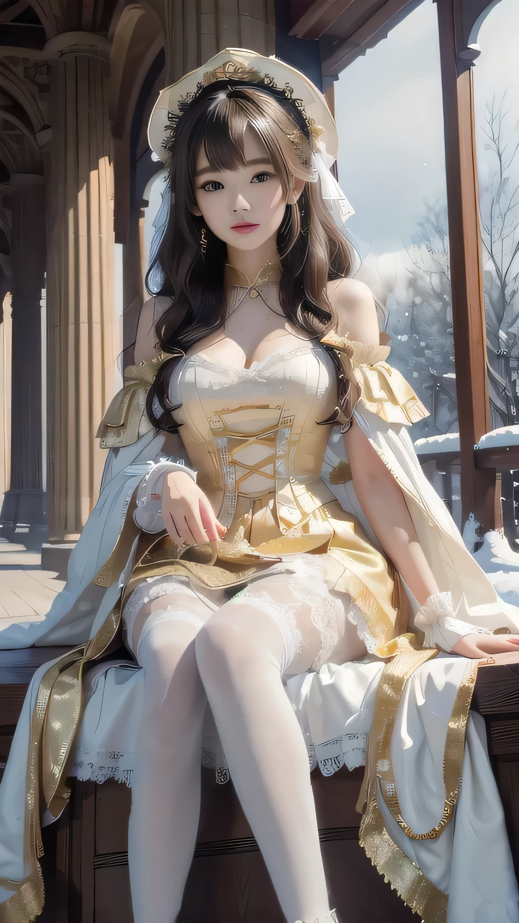 8k, Best quality, masterpiece, Shoot real, Hide your face with happiness, Golden Lolita costume, Gold lace, Iris Gainsborough, sitting, whole body, underwear, Expose bare shoulders, external, external, Covered with snow, cloak, high quality, Adobe Lightroom, High Detail Skin, Looking at the audience,Princess shoes,White knee socks,Lace knee socks
