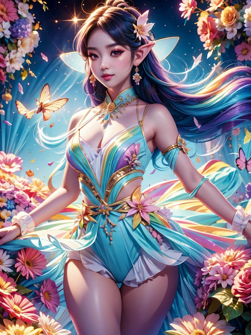 Welcome to the fantasy unknown country，（The Asian female elf guides you，anatomically correct, thicc thighs, long flowing rainbow hair, Accurate and perfect East_Asian woman face），A kind smile beautiful woman，beautiful fairy，Small ears，fly around，kaleidoscopic，Among thousands of purple and red flowers，digital illustration，complex，Uptrend，pastel colors，painting，Award-winning photography，Bokeh，depth of field，hdr，flowers，Color difference，Realism，Very detailed，Art Station Trends，CG social trends，complex，high detail，drama，midway art