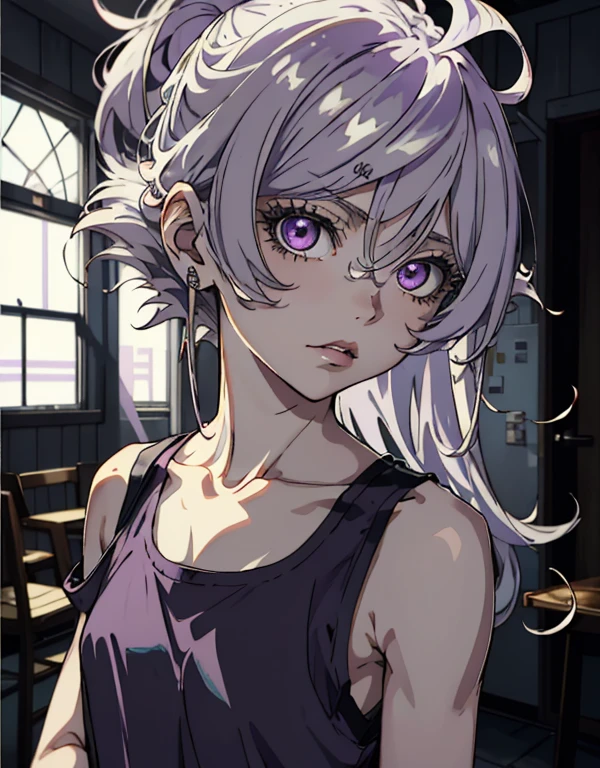 ((masterpiece, best quality)), (1girl, anime girl in retro style),(mature), (solo), (female focus), (grey hair, messy hair, long hair),((pale purple eyes, sharp eyes)) ((exposed shoulder, tank top)), pale skin, evil, vicious, portraits, close up, upper body, vibrant colors, soft lighting