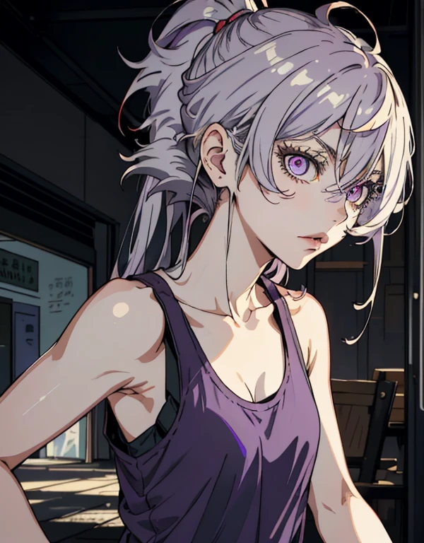 ((masterpiece, best quality)), (1girl, anime girl in retro style),(mature), (solo), (female focus), (grey hair, messy hair, long hair),((pale purple eyes, sharp eyes)) ((exposed shoulder, tank top)), pale skin, evil, vicious, portraits, close up, upper body, vibrant colors, soft lighting