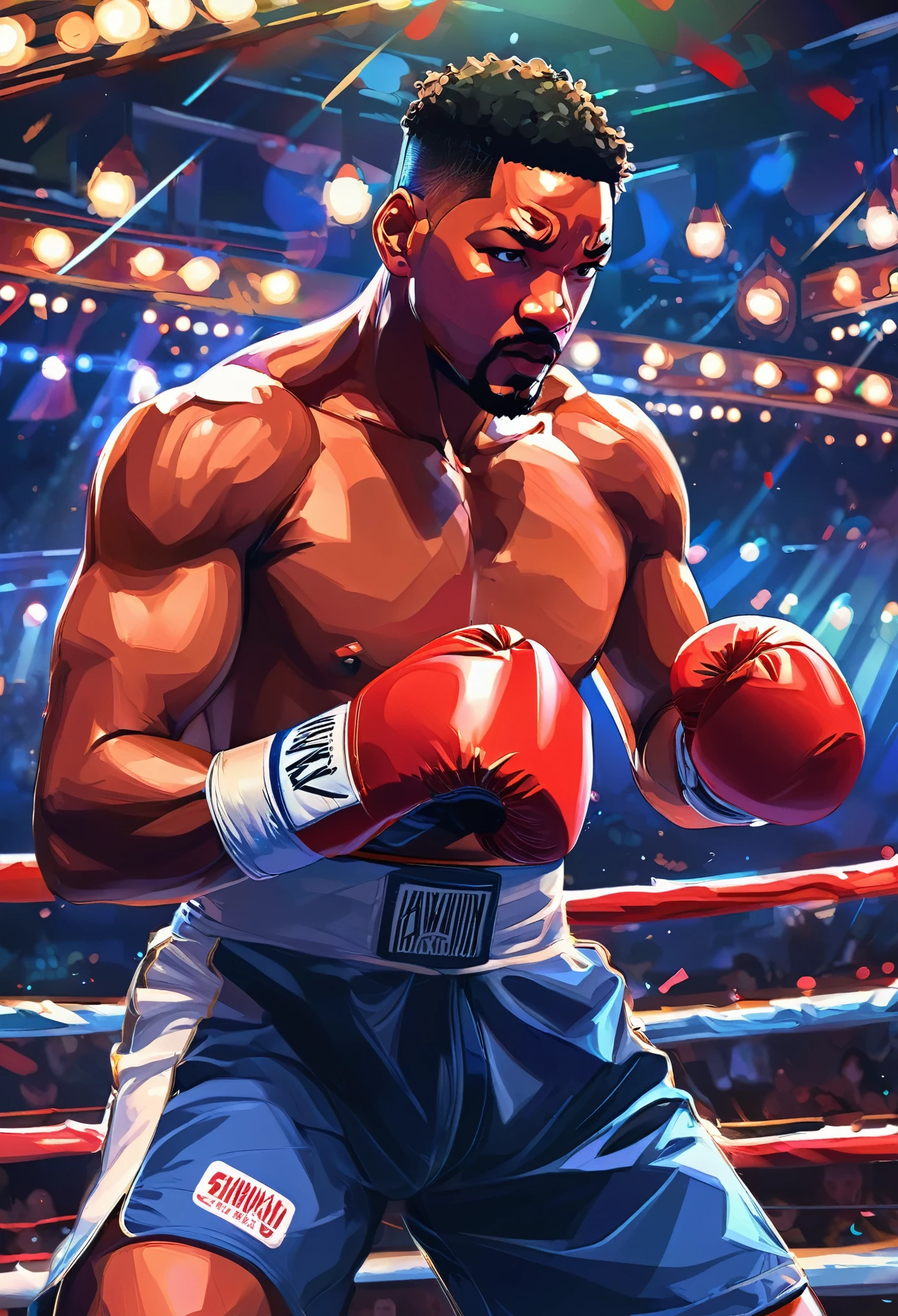 masterpiece, centered, a painting of a man in a boxing ring, trending on Artstation, jazza and rossdraws, anime style hyper detailed, card game illustration, powerful chin, punching, kawacy, profile picture, sachin teng, will smith anime style