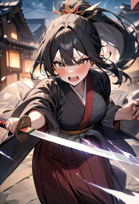 masterpiece, best quality, very aesthetic, absurdres, newest, 1girl, japanese clothes, outdoors, solo, shouting, V eyebrows, black hair, looking at viewer, ponytail, long hair, sword, kimono, weapon, hakama, blush, holding sword, hair ornament, bangs, (spa...