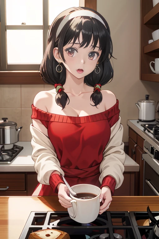 masterpiece, yor, 1girl, Amazing Cleavage:1.3, thin waist, big ass, Raised sexy, medium breast: 1.8 posed cleavage:1.2、solo, looking at viewer, open mouth, have a cup of coffee,black hair, red eyes, dress, bare shoulders, jewelry, collarbone, sidelocks, hairband, earrings, indoors, off shoulder, :o, sweater, arms behind back, plant, short hair with long locks, white hairband, off-shoulder dress, sweater dress, off-shoulder sweater, red sweater, big side hair, very long side hair,is rendered in (masterpiece: 1.2, best quality), with (ultra high resolution) and an exquisite (depth of field). This masterpiece is not only visually stunning but also tells, teach of cooking ,in the kitchen