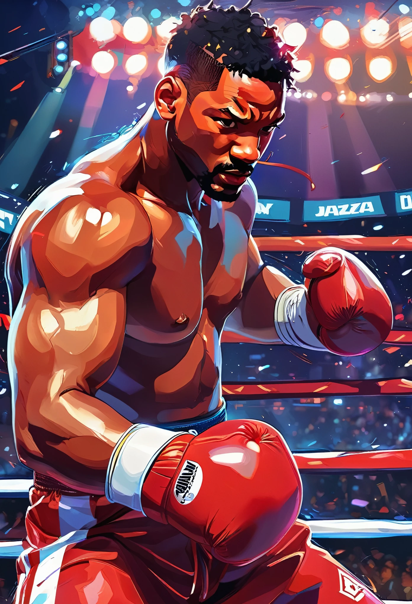 masterpiece, centered, a painting of a man in a boxing ring, trending on Artstation, jazza and rossdraws, anime style hyper detailed, card game illustration, powerful chin, punching, kawacy, profile picture, sachin teng, will smith anime style