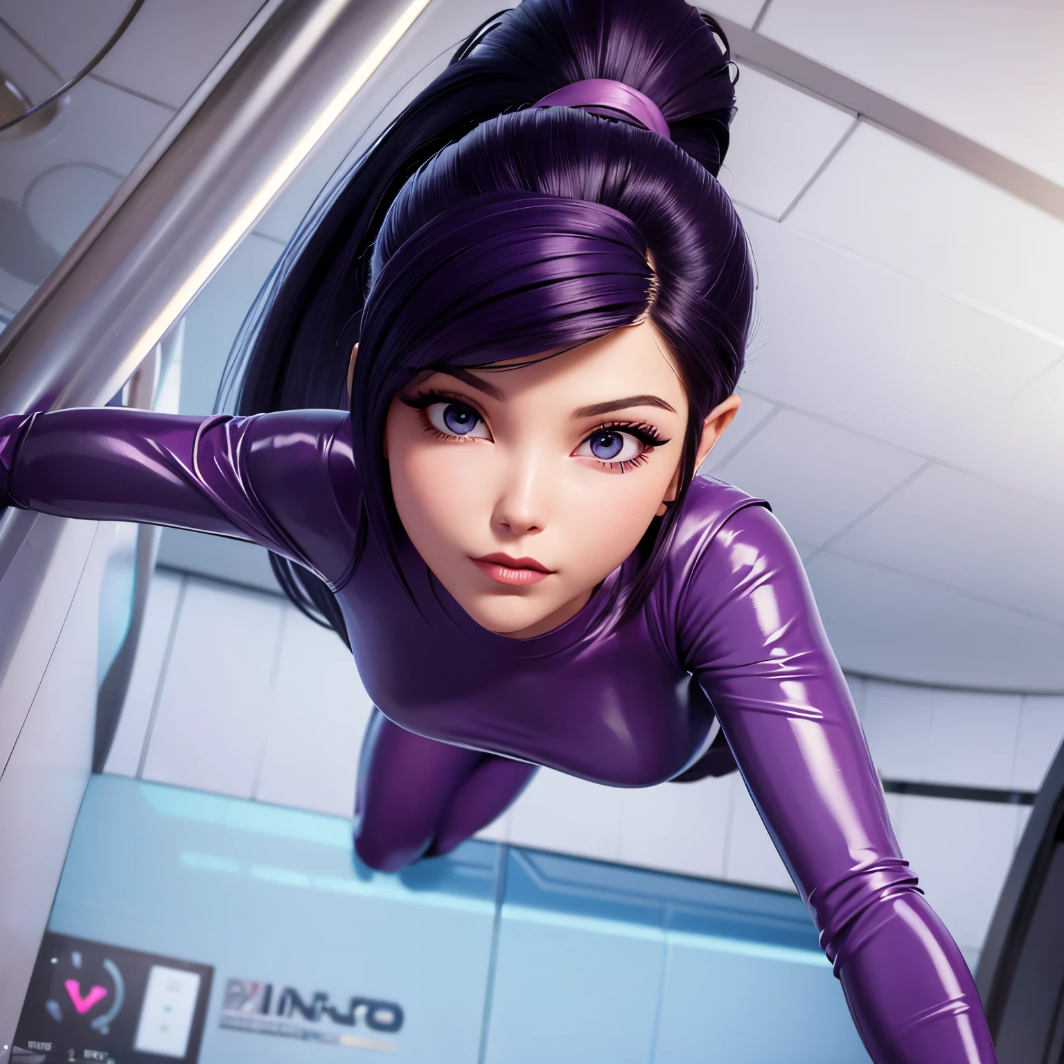 violet dominatrix concept, Unreal Engine 5 8K UHD portrait image of beautiful female, full violet latex, straight hair with blunt bangs, violet tight latex, ponytail, futuristic design, beautiful makeup, Best Quality, Masterpiece, big breasts, from below, legs open, tshirt transparent, eyes blue.