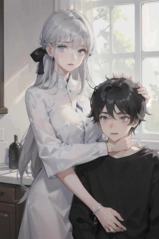 Gray-haired, Blue-eyed, young girl in a white shirt hugged the boy with black hair and Blue-eyed eyes，Enjoy the ultimate in light and shadow，KHD，And the sun was shining bright，I&#39;m shy，White skin