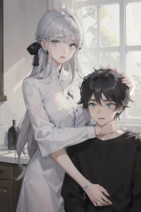 gray-haired, blue-eyed, young girl in a white shirt hugged the boy with black hair and blue-eyed eyes，enjoy the ultimate in ligh...