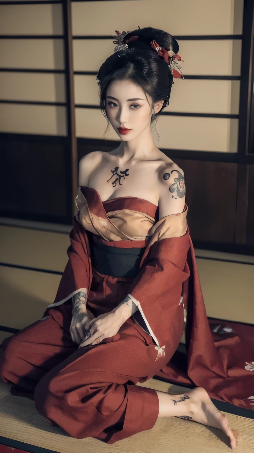 ((Top quality, 8k, Masterpiece: 1.3)), Sharp focus :1.2,   ((Body slim thin captivating)).  ((Skin tattooed)),   Make-up face.  Red lipstick.  hair accessories,  hair Bun,  elegance,    enchanting,

((Beautiful Japanese Geisha)),  ((long skirt. Red kimono. Bare shoulder)),

Long legs_full body.     Sit down.    Under the floor.   ((Dark background))