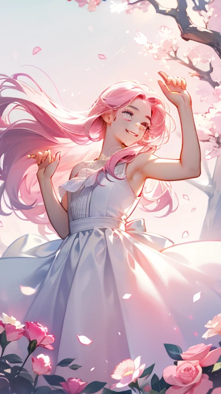 An 18 year old girl is wearing a 분홍색 rose, 긴 머리, 흰색 민소매 드레스, holding a 분홍색 rose. 꽃향기를 맡으며, 브라이트 판타지, 초현실주의, 마이클 코맥, 분홍색, 단색의 평온함, 밝은 분위기, 햇빛, 행복, 행복, 그리고 미소,