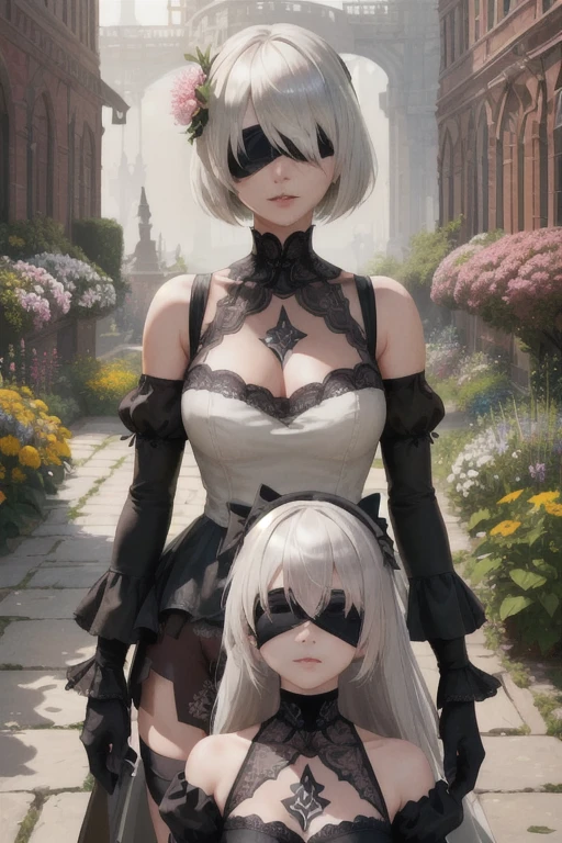 autómatas inspirados、Nier autómatas Characters、Nier autómatas Cosplay、(Alta resolución、4k、de la máxima calidad) Inspirado por Nier、Una chica vestida de negro sosteniendo una espada.: autómatas。chicas、((Ambos ojos están completamente cubiertos con una venda negra..))、Delicado y hermoso cabello blanco plateado.、、hermosos labios detallados、Y tiene un rostro muy detallado con una textura de piel fina.。Ella se encuentra en un jardín de colores brillantes.、rodeado de flores en flor。El jardín está iluminado por una suave luz natural..、Crea una atmósfera pacífica.。la mujer&#39;El traje negro de S está hecho de material de cuero brillante..、Da un aspecto elegante y futurista.。En su mano sostiene una espada de plata.、Reflejando la luz del sol。La hoja está intrincadamente grabada.、La artesanía brilla。chica&#39;El pelo ondeando al viento.、Añade movimiento dinámico a la escena.。La imagen general es realista y fotorrealista.、Enfoque nítido y colores vibrantes、Mejora el impacto visual.。Esta obra de arte es de Nier. : autómatasの本質を捉えており、Rinde homenaje al icónico personaje 2b..。