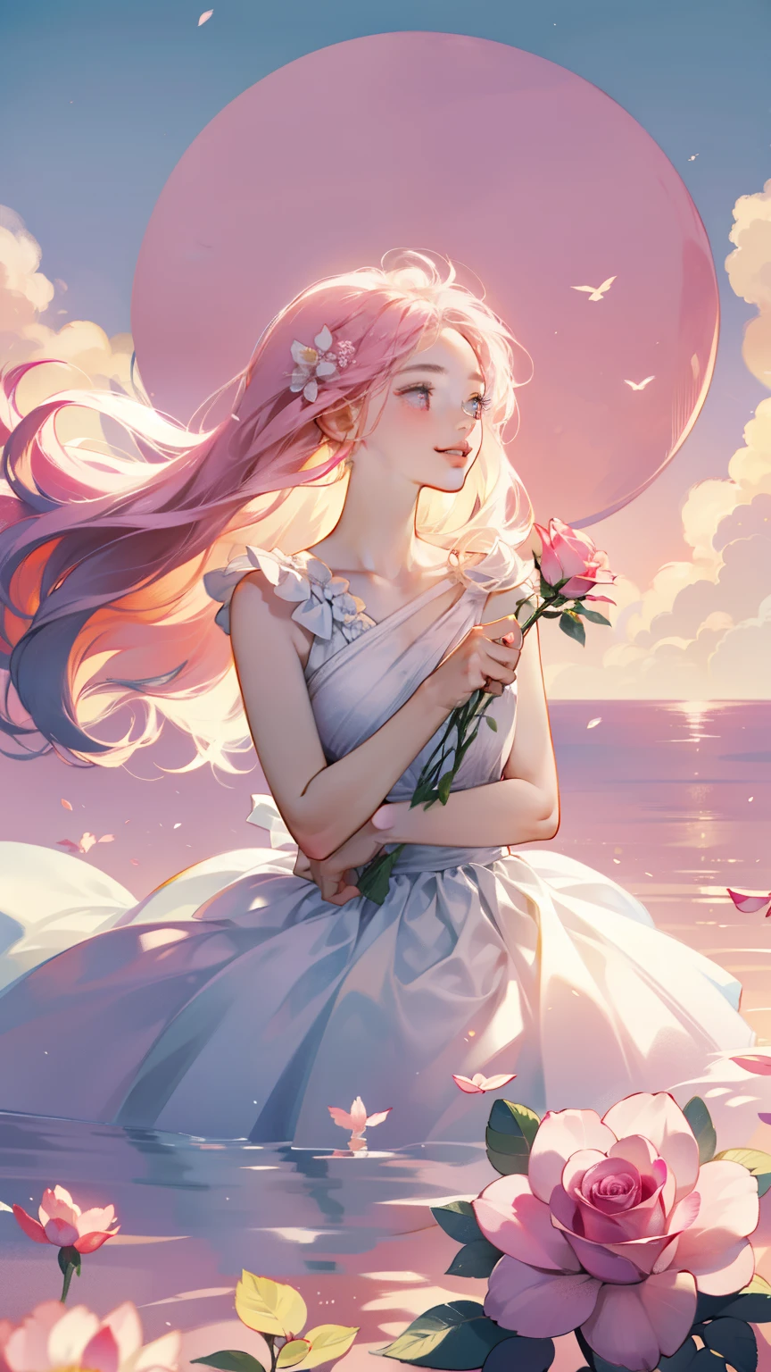 An 18 year old girl is wearing a pink rose, long hair, white sleeveless dress, holding a pink rose. Smelling the fragrance of the flower, bright fantasy, surrealism, Michael Cormac, pink, monochromatic tranquility, bright atmosphere, sunshine, happiness, happiness, and a smile,