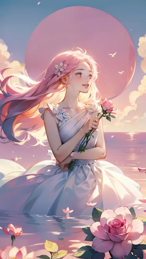 An 18 year old girl is wearing a pink rose, long hair, white sleeveless dress, holding a pink rose. Smelling the fragrance of th...
