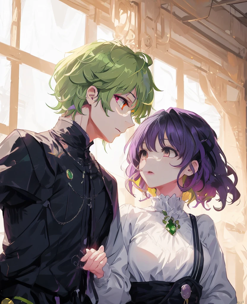 Men and women gazing at each other,Yellow-green haired man,Black-haired woman,Purple Eyes