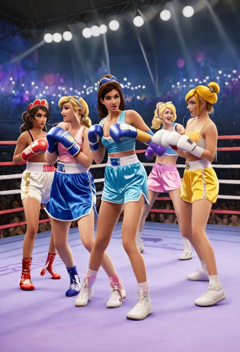 A group of video game princesses engaging in a dynamic boxing match. The princesses are dressed in their iconic princess outfits, adding a touch of elegance to the sport. They are wearing comically oversized boxing gloves, creating a humorous and playful atmosphere. Above their heads, there are health bars representing their energy levels, enhancing the competitive vibe. The image is of the best quality, with ultra-detailed graphics and a photorealistic style. The color palette is vibrant and vivid, giving life to the scene. The lighting is carefully set up to highlight the princesses and create a dramatic effect. Include lots of panty slips, well defined vagina