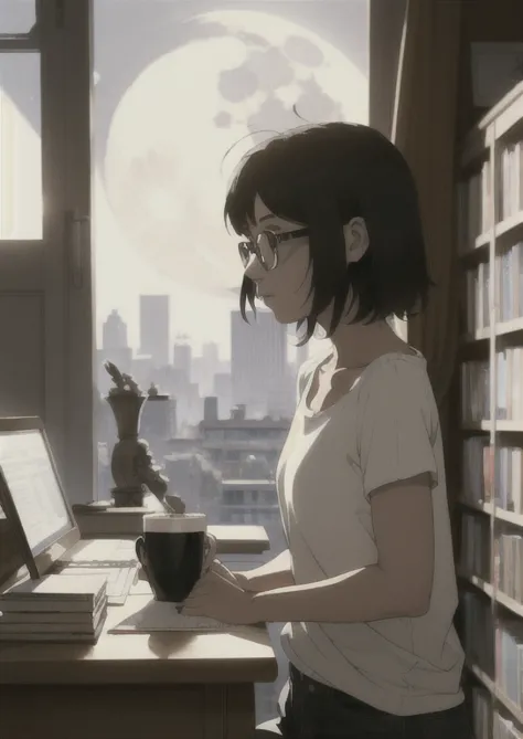 a girl with short and messy hair. she is studying in her room with a loose T-shirt. love to drink coffee, wears relatively big g...