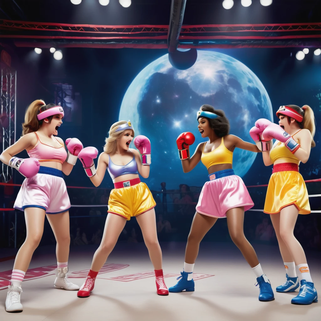 A group of video game princesses engaging in a dynamic boxing match. The princesses are dressed in their iconic princess outfits, adding a touch of elegance to the sport. They are wearing comically oversized boxing gloves, creating a humorous and playful atmosphere. Above their heads, there are health bars representing their energy levels, enhancing the competitive vibe. The image is of the best quality, with ultra-detailed graphics and a photorealistic style. The color palette is vibrant and vivid, giving life to the scene. The lighting is carefully set up to highlight the princesses and create a dramatic effect. Include lots of panty slips, well defined vagina