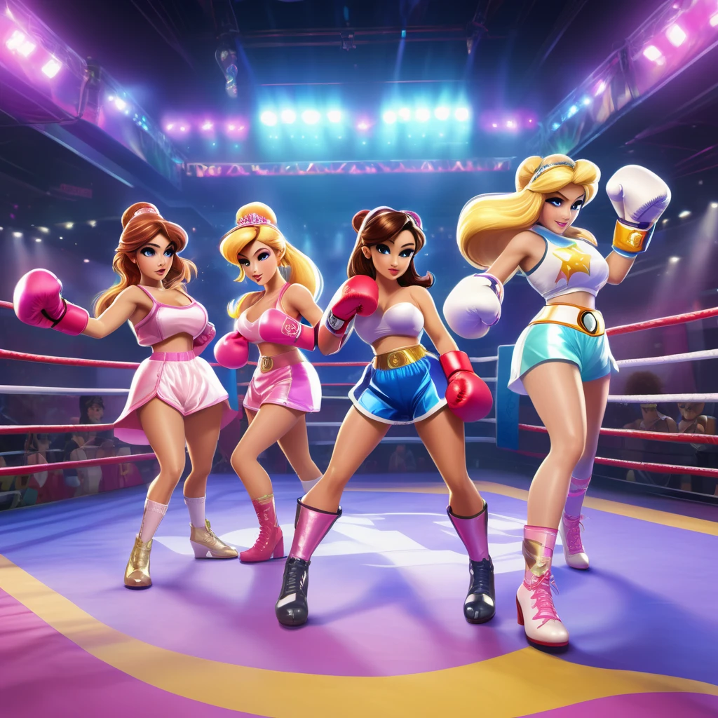 A group of video game princesses engaging in a dynamic boxing match. The princesses are dressed in their iconic princess outfits, adding a touch of elegance to the sport. They are wearing comically oversized boxing gloves, creating a humorous and playful atmosphere. Above their heads, there are health bars representing their energy levels, enhancing the competitive vibe. The image is of the best quality, with ultra-detailed graphics and a photorealistic style. The color palette is vibrant and vivid, giving life to the scene. The lighting is carefully set up to highlight the princesses and create a dramatic effect. Include lots of panty slips, well defined vagina