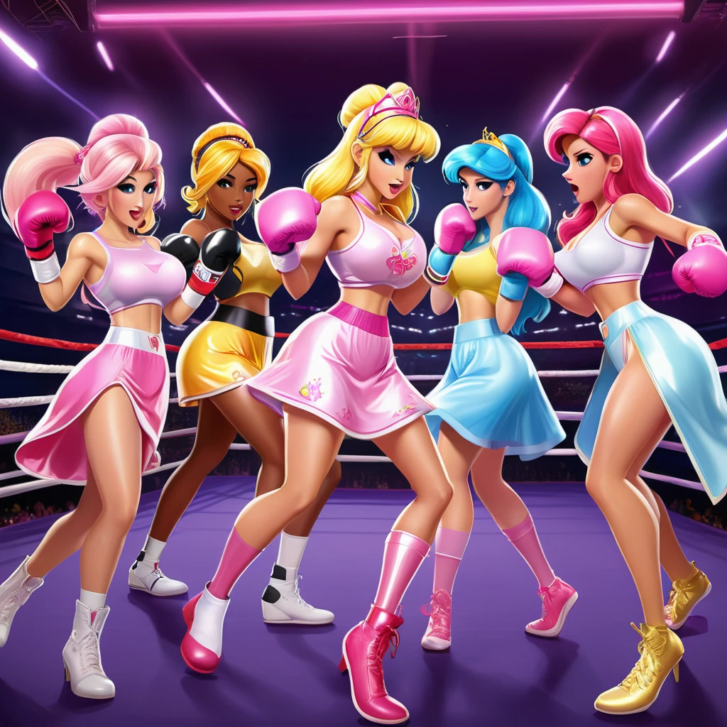 A group of video game princesses engaging in a dynamic boxing match. The princesses are dressed in their iconic princess outfits, adding a touch of elegance to the sport. They are wearing comically oversized boxing gloves, creating a humorous and playful atmosphere. Above their heads, there are health bars representing their energy levels, enhancing the competitive vibe. The image is of the best quality, with ultra-detailed graphics and a photorealistic style. The color palette is vibrant and vivid, giving life to the scene. The lighting is carefully set up to highlight the princesses and create a dramatic effect. Include lots of panty slips, well defined vagina