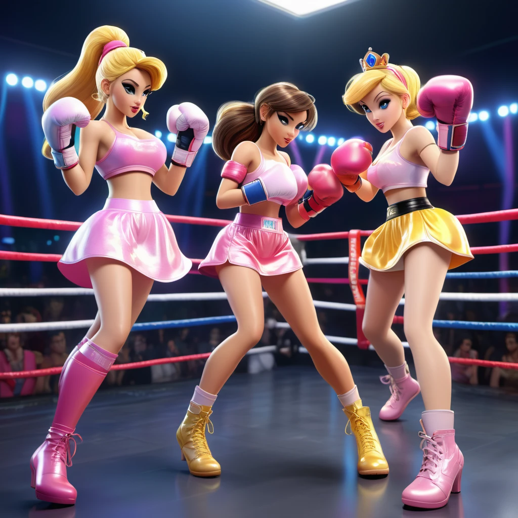 A group of video game princesses engaging in a dynamic boxing match. The princesses are dressed in their iconic princess outfits, adding a touch of elegance to the sport. They are wearing comically oversized boxing gloves, creating a humorous and playful atmosphere. Above their heads, there are health bars representing their energy levels, enhancing the competitive vibe. The image is of the best quality, with ultra-detailed graphics and a photorealistic style. The color palette is vibrant and vivid, giving life to the scene. The lighting is carefully set up to highlight the princesses and create a dramatic effect. Include lots of panty slips, well defined vagina