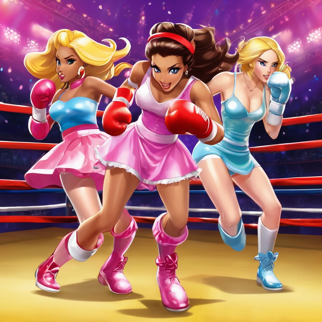 A group of video game princesses engaging in a dynamic boxing match. The princesses are dressed in their iconic princess outfits, adding a touch of elegance to the sport. They are wearing comically oversized boxing gloves, creating a humorous and playful atmosphere. Above their heads, there are health bars representing their energy levels, enhancing the competitive vibe. The image is of the best quality, with ultra-detailed graphics and a photorealistic style. The color palette is vibrant and vivid, giving life to the scene. The lighting is carefully set up to highlight the princesses and create a dramatic effect. Include lots of panty slips, well defined vagina