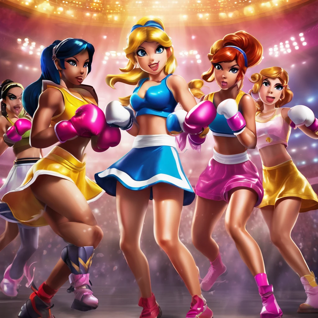 A group of video game princesses engaging in a dynamic boxing match. The princesses are dressed in their iconic princess outfits, adding a touch of elegance to the sport. They are wearing comically oversized boxing gloves, creating a humorous and playful atmosphere. Above their heads, there are health bars representing their energy levels, enhancing the competitive vibe. The image is of the best quality, with ultra-detailed graphics and a photorealistic style. The color palette is vibrant and vivid, giving life to the scene. The lighting is carefully set up to highlight the princesses and create a dramatic effect. Include lots of panty slips, well defined vagina