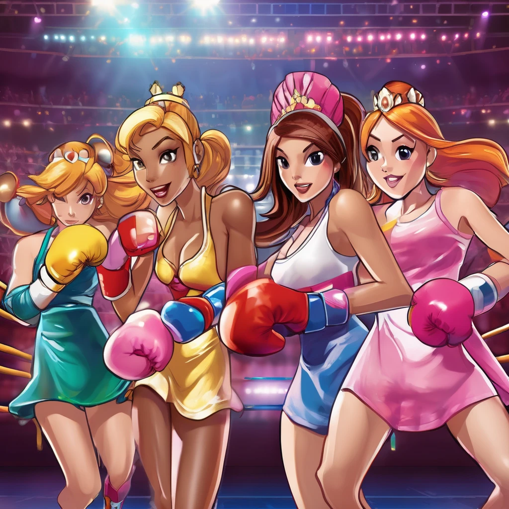 A group of video game princesses engaging in a dynamic boxing match. The princesses are dressed in their iconic princess outfits, adding a touch of elegance to the sport. They are wearing comically oversized boxing gloves, creating a humorous and playful atmosphere. Above their heads, there are health bars representing their energy levels, enhancing the competitive vibe. The image is of the best quality, with ultra-detailed graphics and a photorealistic style. The color palette is vibrant and vivid, giving life to the scene. The lighting is carefully set up to highlight the princesses and create a dramatic effect. Include lots of panty slips, well defined vagina