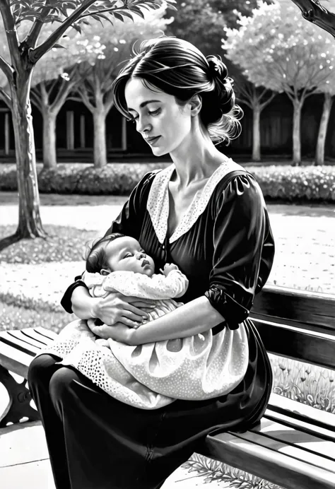 a woman sitting on a bench holding a baby, baby on her lap, pen-and-ink illustration, pen-and-ink illustration, hugh hughes, by ...