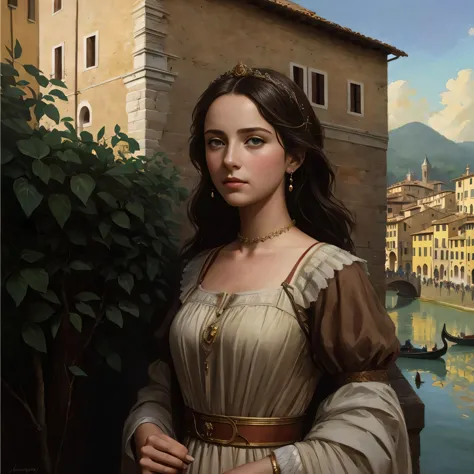 painting of a woman in a dress standing by a river