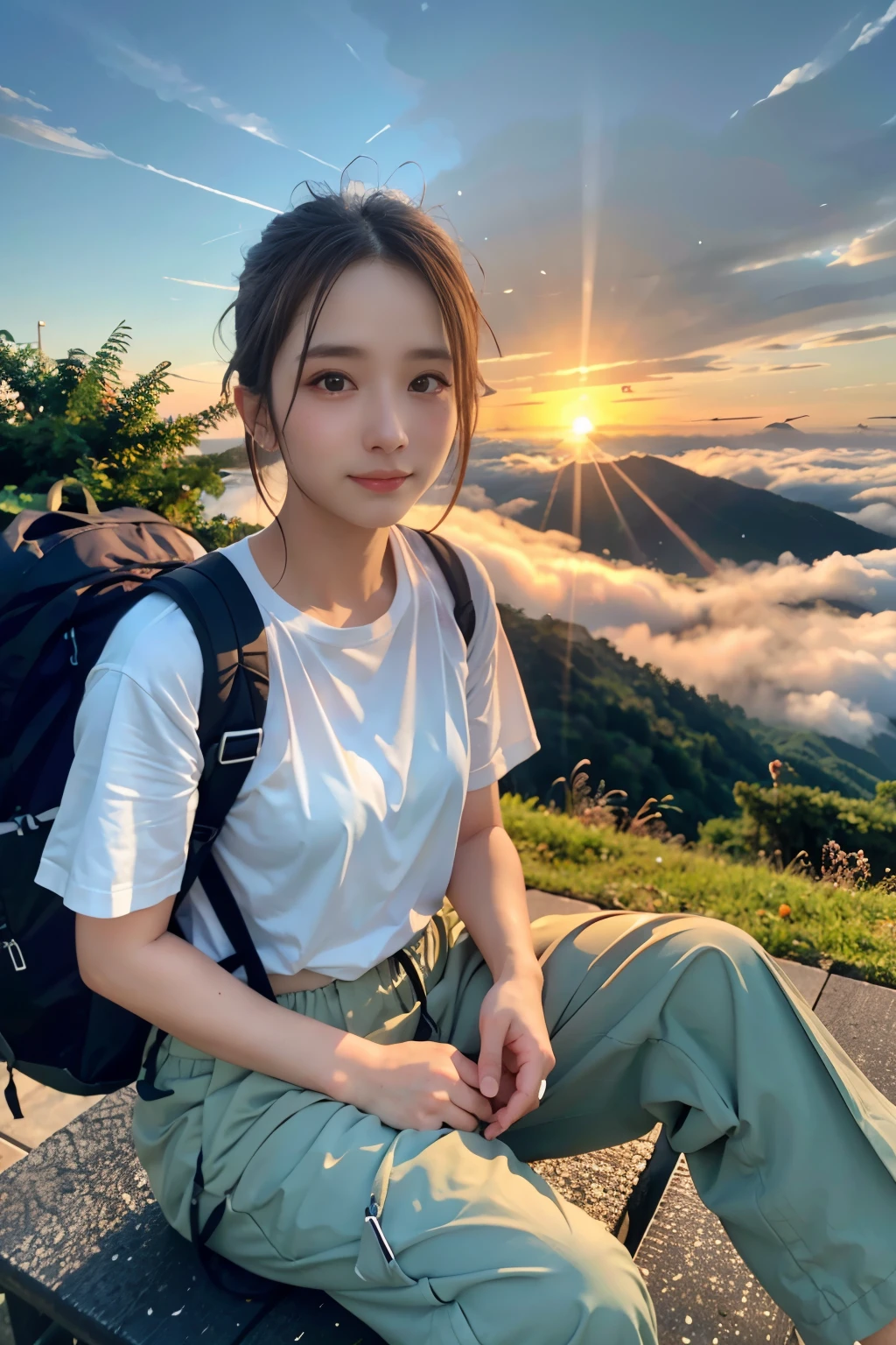 （Highest quality、Super realistic shooting）、Majestic Mountain、(((sea of clouds)))、Woman watching the sunset、Selfie、（（Upper Body））、White T-shirt、Trekking pants、Trekking boots、rucksack、（Super delicate face、super beautiful）Maid、Super delicate eyes、Ultra detailed nose、Ultra detailed mouth、Ultra-detailed facial features）、Beauty、18-year-old、Sweaty face and forehead、A white shirt that has become transparent with sweat