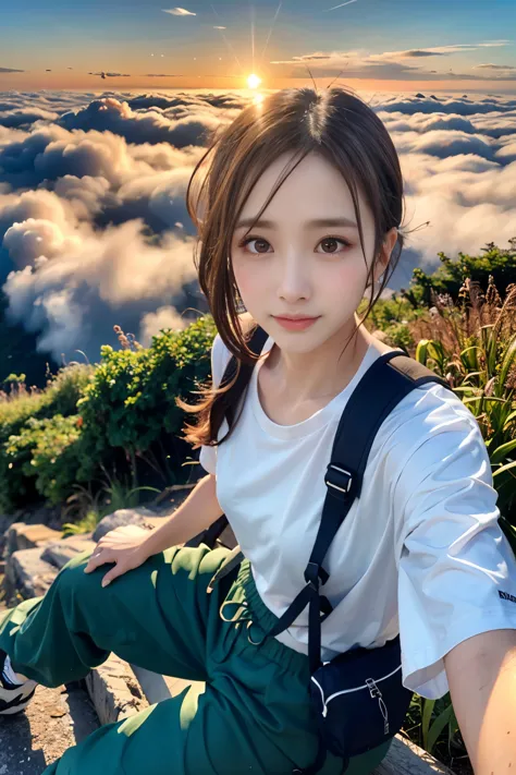 （highest quality、super realistic shooting）、majestic mountain、(((sea of clouds)))、woman watching the sunset、selfie、（（upper body））...