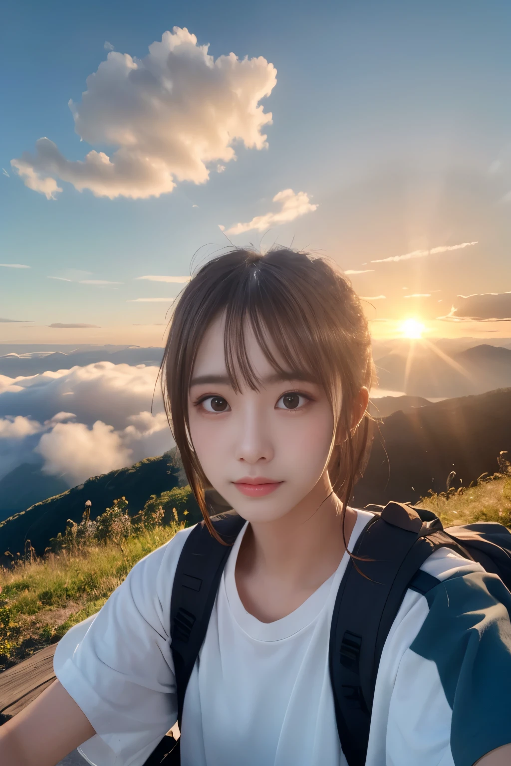 （Highest quality、Super realistic shooting）、Majestic Mountain、(((sea of clouds)))、Woman watching the sunset、Selfie、（（Upper Body））、White T-shirt、Trekking pants、Trekking boots、rucksack、（Super delicate face、super beautiful）Maid、Super delicate eyes、Ultra detailed nose、Ultra detailed mouth、Ultra-detailed facial features）、Beauty、18-year-old、Sweaty face and forehead、A white shirt that has become transparent with sweat