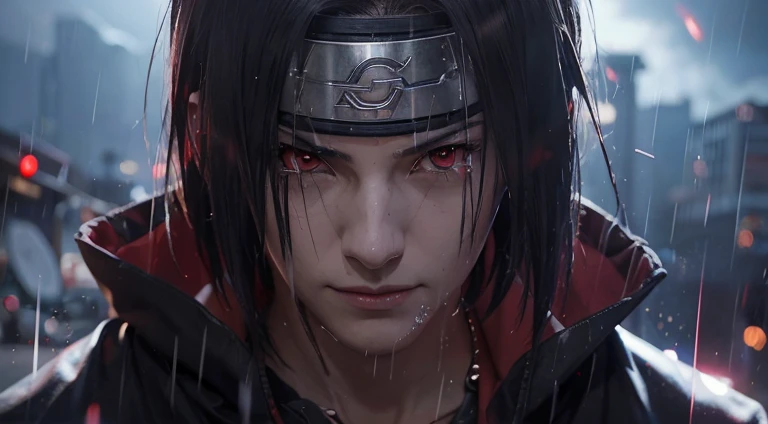 Super detailed, realistic, cinematic lighting, realistic skin 1 man, Anime Naruto Shippuden Uchiha Itachi, short hair , black hair, red eyes, good looking, black clothes, smile, realistic clothes, details clothing, urban background, Super detailed, realistic, cinematic lighting, realistic skin 